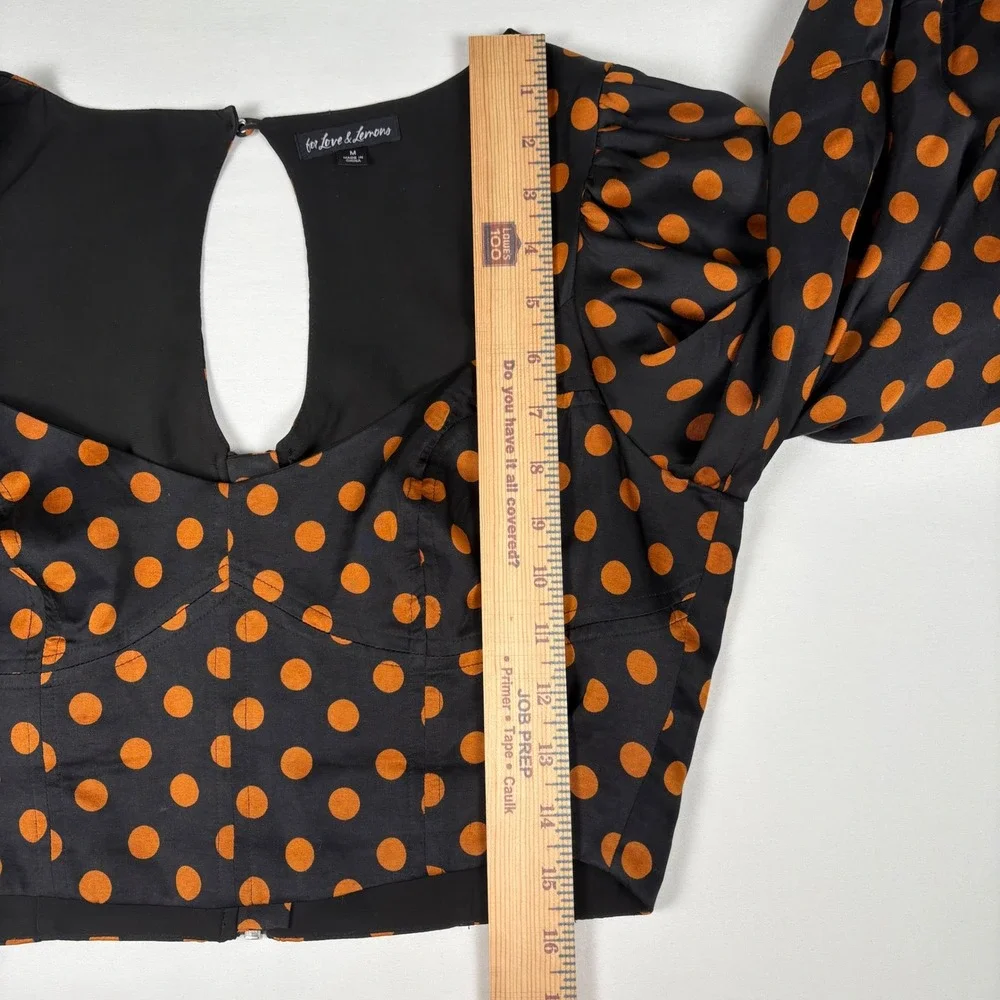 For Love & Lemons Polka Dot Puff Sleeve Keyhole Back Crop Top Women's Size M